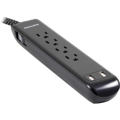 Philips 4-Outlet Surge Protector with USB Ports and 4&#39; Braided Cord - Black_9