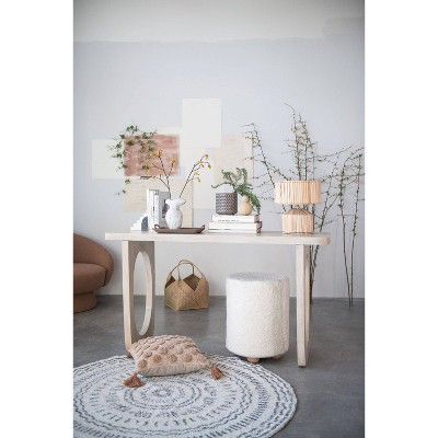 Cream Round Cotton Sherpa Pouf with Pine Legs