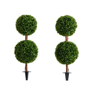 Nearly Natural 3-ft  UV Resistant Artificial Double Ball Boxwood Topiary with Integrated Ground Stake (Indoor/Outdoor) - Set of 2 - 1 of 2