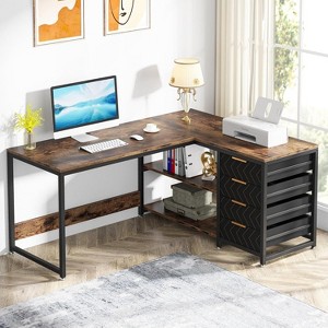 Sapphtopaz L-Shaped Computer Desk with 4 Drawers Reversible Corner Computer Desk with File Cabinets Writing Desk for Home Office, Bedroom - 1 of 4