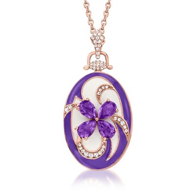 Ross-Simons 1.50 ct. t.w. Amethyst and .30 ct. t.w. White Zircon Flower Locket Necklace With Multicolored Enamel in 18kt Rose Gold Over Sterling Size