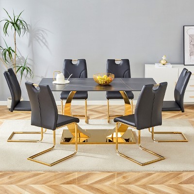 FURNIinspire Dining Sets Table And Chair Set For 6, 63"*31.5" Black Texture Dining Table And 6 Black Dining Chairs With Golden Metal Legs