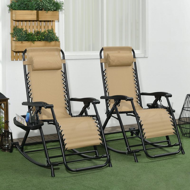 Outsunny 2 Outdoor Rocking Chairs Foldable Reclining Zero Gravity Lounge Rockers w/ Pillow Cup & Phone Holder, Combo Design w/ Folding Legs, Beige, 2 of 7