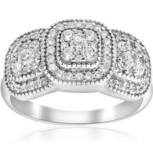 Pompeii3 3/4ct 3-Stone Pave Cushion Halo Diamond Engagement Ring Vintage 10k White Gold - 1 of 4