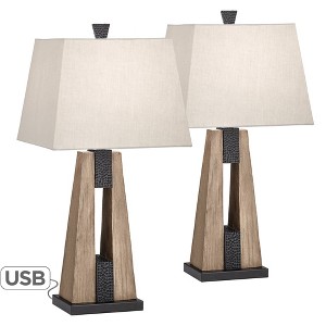John Timberland Mitchell Rustic Farmhouse Table Lamps 27" Tall Set of 2 Wood with USB Charging Port Oatmeal Tapered Rectangular Shade for Living Room - 1 of 4