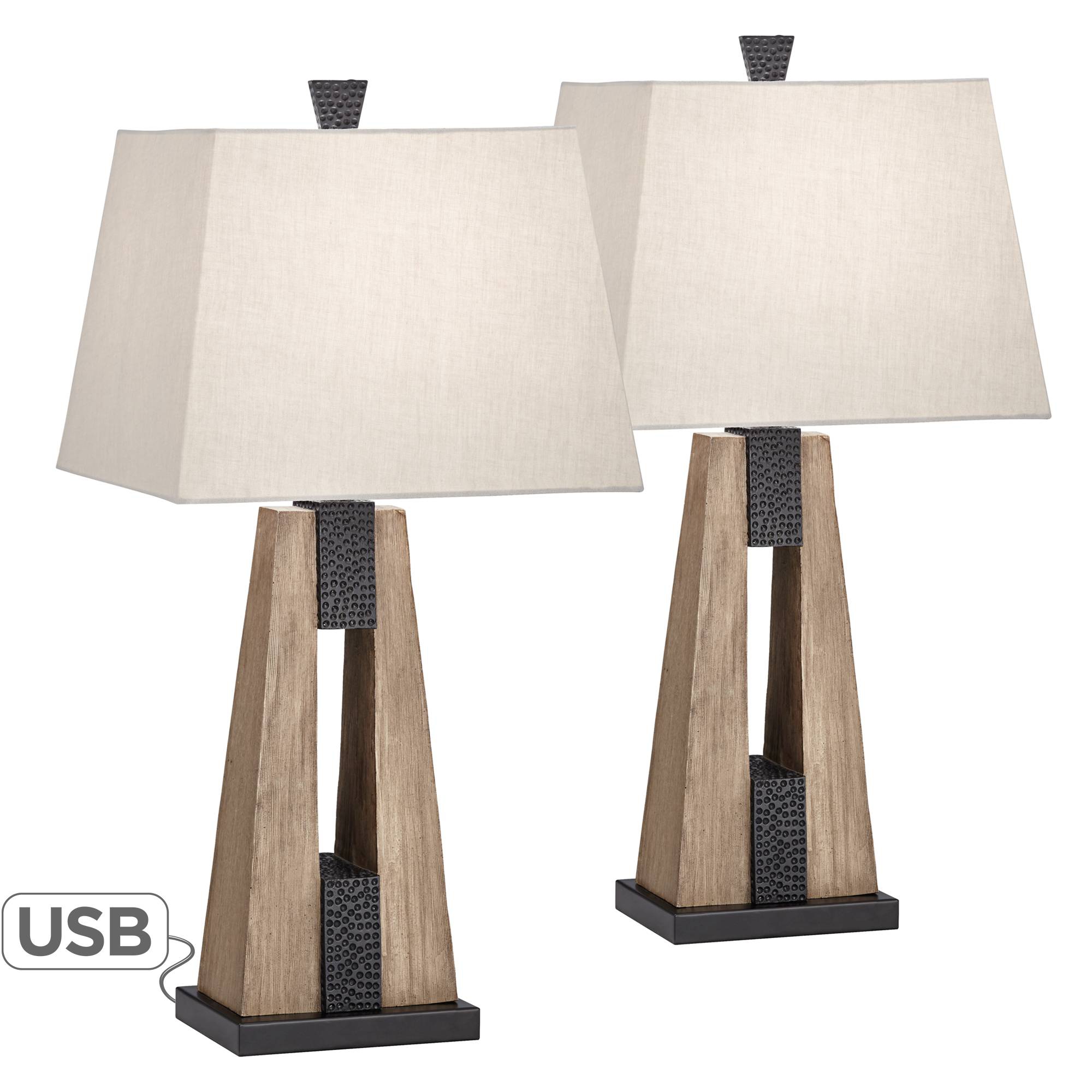 John Timberland Mitchell Rustic Farmhouse Table Lamps 27" Tall Set of 2 Wood with USB Charging Port Oatmeal Tapered Rectangular Shade for Living Room