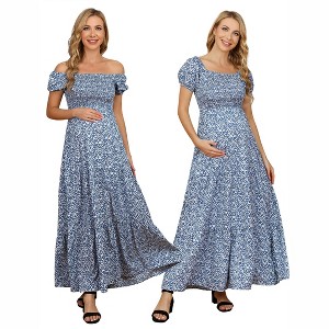 Off the Shoulder Dress Women's Smocked Tiered Maxi Dress Puff Sleeve Ruffle Maternity Maxi Dress Blue S - 1 of 4