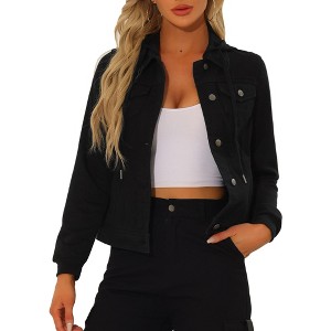 INSPIRE CHIC Women's Regular Fit Layered Drawstring Hood Denim Jacket with Pockets - 1 of 4