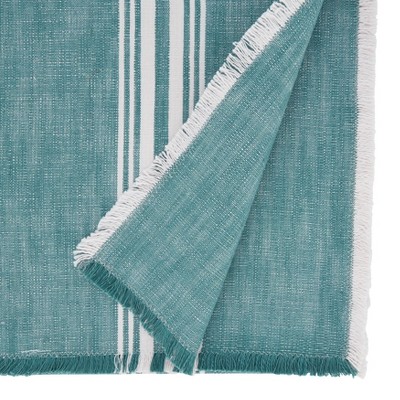 Turquoise Cotton Striped Fringe Table Runner