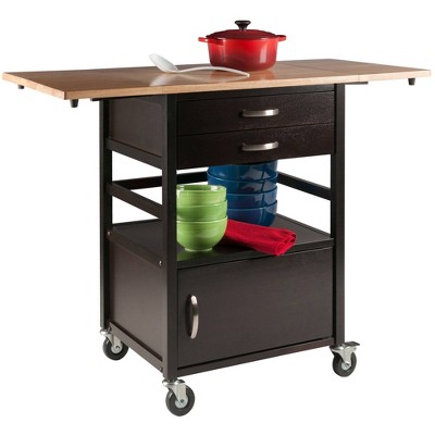 Light Wood and Black Drop Leaf Kitchen Cart with Storage