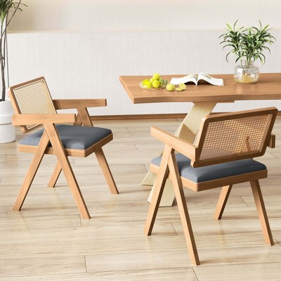 Gray Rattan and Cane Side Chair Set with Rubber Wood Frame