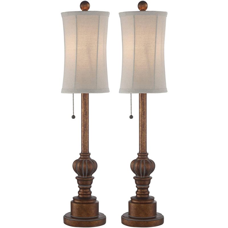 Regency Hill Traditional Buffet Table Lamps 28" Tall Set of 2 Warm Brown Wood Tone Fabric Drum Shade for Dining Room, 1 of 9