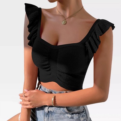 Womens Cropped Knit Tube Tops with Sweetheart Neckline and Cap Sleeves Ribbed Sweater Style