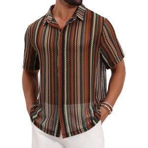 INSPIRE CHIC Men's Striped Retro Short Sleeve Button Down See Through Shirts - 1 of 4