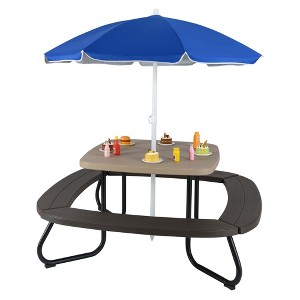 Costway Kids Picnic Table Outdoor Activity Table with Adjustable & Collapsible Umbrella Blue/White/Brown - 1 of 4