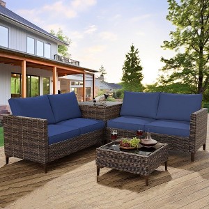 4-Piece Outdoor Patio Set, Rattan Wicker Sectional Furniture with Storage Box and Glass Top Table for Backyard - 1 of 4