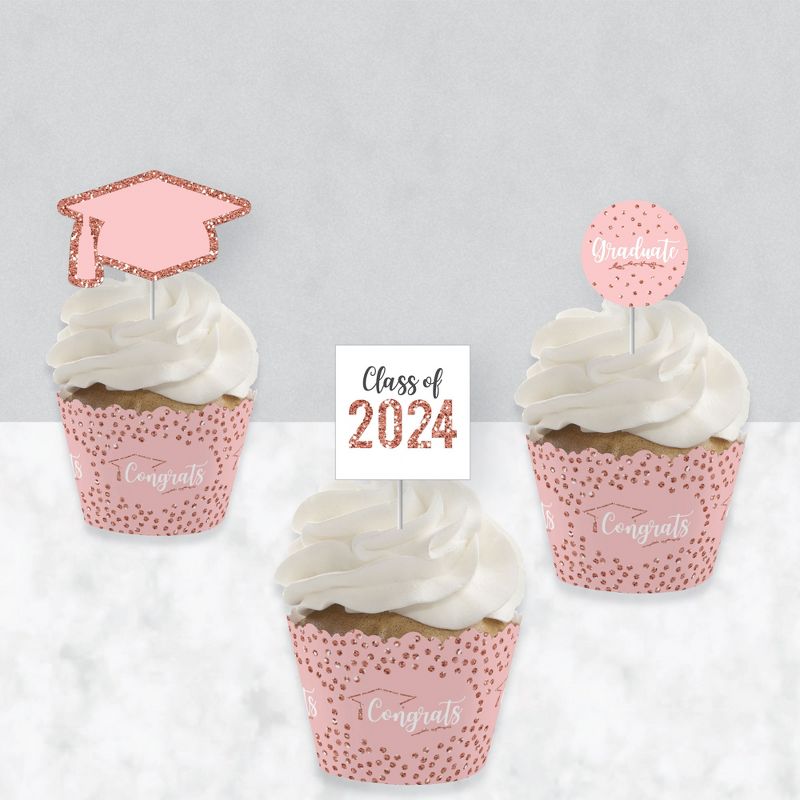 Big Dot of Happiness Rose Gold Grad - Cupcake Decoration - 2024 Graduation Party Cupcake Wrappers and Treat Picks Kit - Set of 24, 3 of 8