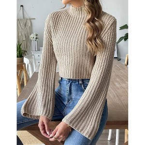 Women's Mock Neck Sweater Bell Sleeve Short Crop Pullover Top For Fall And Winter - 1 of 4