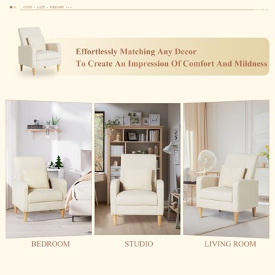 Beige Upholstered Accent Chair with Pillow and Wood Legs