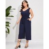 Women's Plus Size V Neck Ruffle Sleeve Belted Wide Leg Pants Summer Casual Long Jumpsuit Rompers - 3 of 4