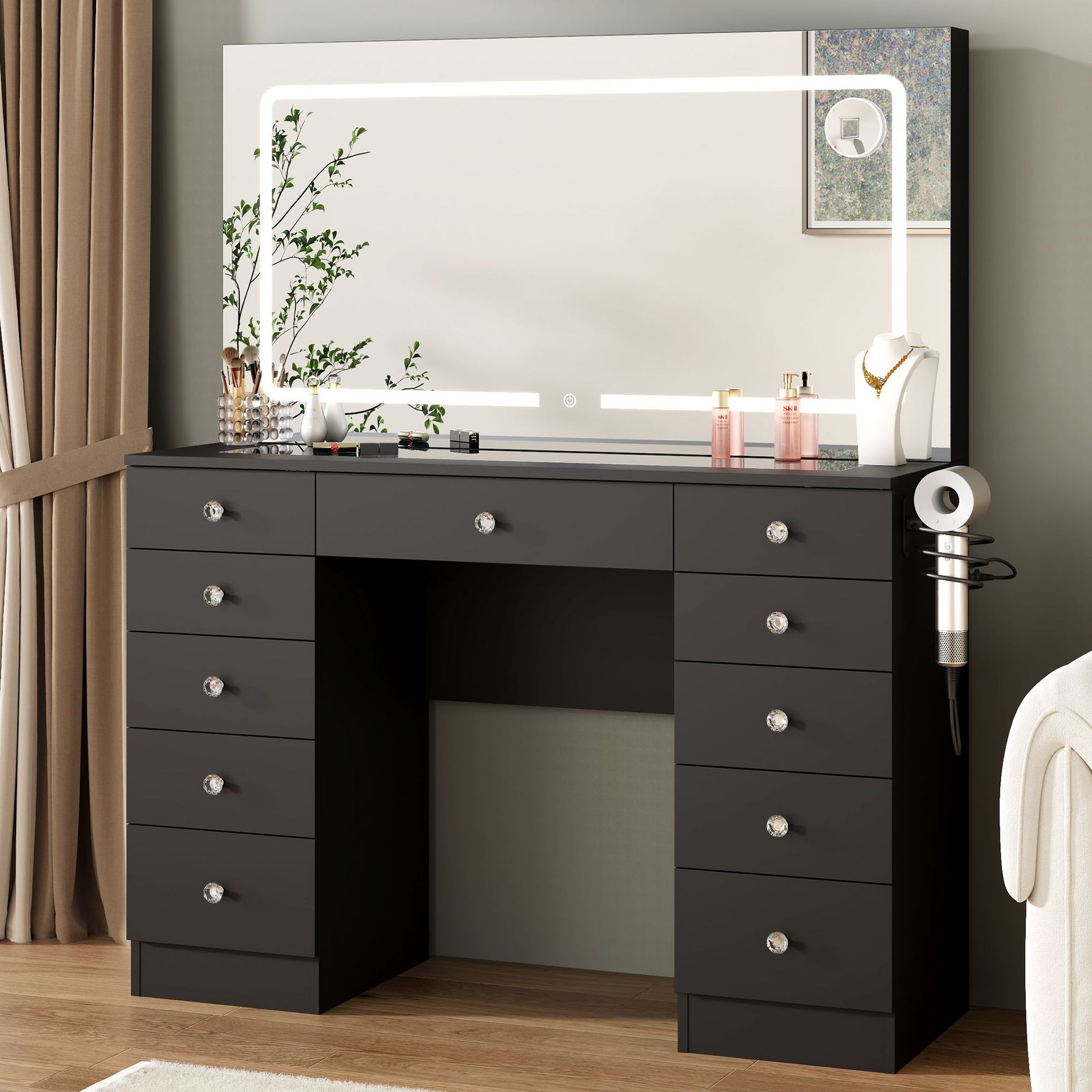 Vanity Mirror with Lights, Vanity with Lighted Mirror, 11 Drawers Makeup Vanity Desk with 3 Lighting Modes Adjustable Brightness