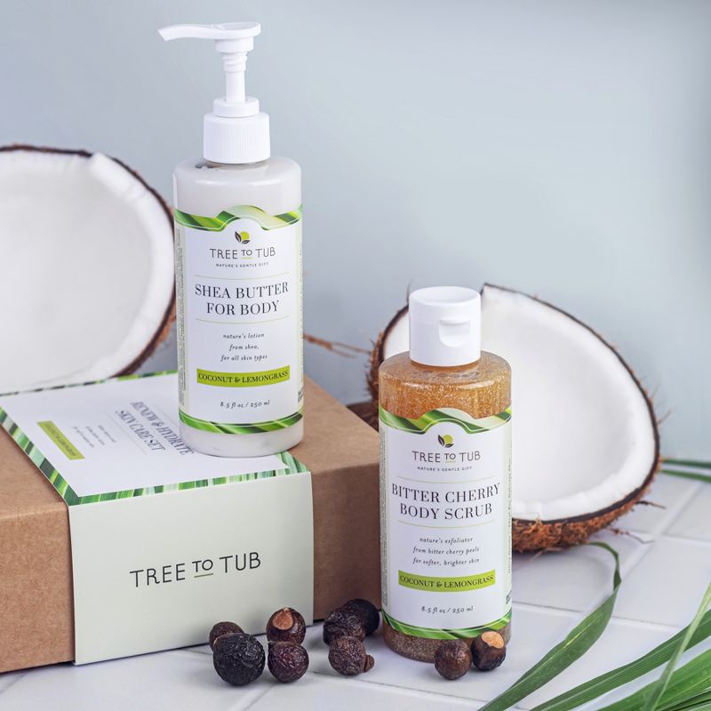 Tree To Tub Exfoliating Body Wash & Lotion Set - Body Scrub for Sensitive Skin Bitter Cherry Cocoa Butter Lotion for Dry Skin w/ Organic Shea Butter, 5 of 12