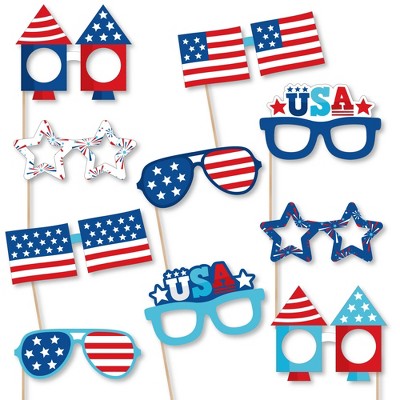 Big Dot of Happiness Firecracker 4th of July Glasses - Paper Card Stock Red, White and Royal Blue Party Photo Booth Props Kit - 10 Count