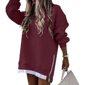 Womens Long Sleeve Zipper Slit Oversized Sweatshirt Casual Pullover Zipper Hoodies - 1 of 3