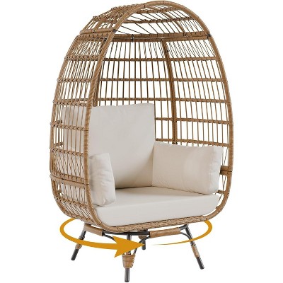 Oversize 360° Swivel Egg Chair, Patio Rotating Rattan Lounge Chair w/Steel Frame and 4 Cushions for Patio, Porch, Backyard, Living Room