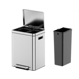 Stainless Steel Trash Can, Double Sorting Bin with Soft Close Lids, Removable Inner Bucket and Foot Pedal, for Kitchen, Office - 1 of 4