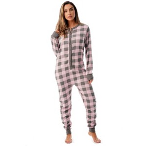 #followme Womens Henley Thermal Bodysuit | Buffalo Plaid, Tie Dye, & Printed PJ Union Suit Loungewear - 1 of 3