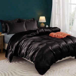 Black Satin Duvet Cover Set, Queen/Full Size, 1 Duvet+ 4 Pillowcases, Zipper Corner Ties - 1 of 4