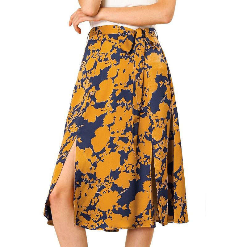Allegra K Women's High Elastic Waist Belted Slit A-Line Midi Floral Print Skirt, 1 of 8