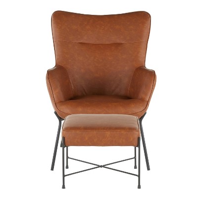 Camel Faux Leather Lounge Chair with Ottoman and Metal Legs