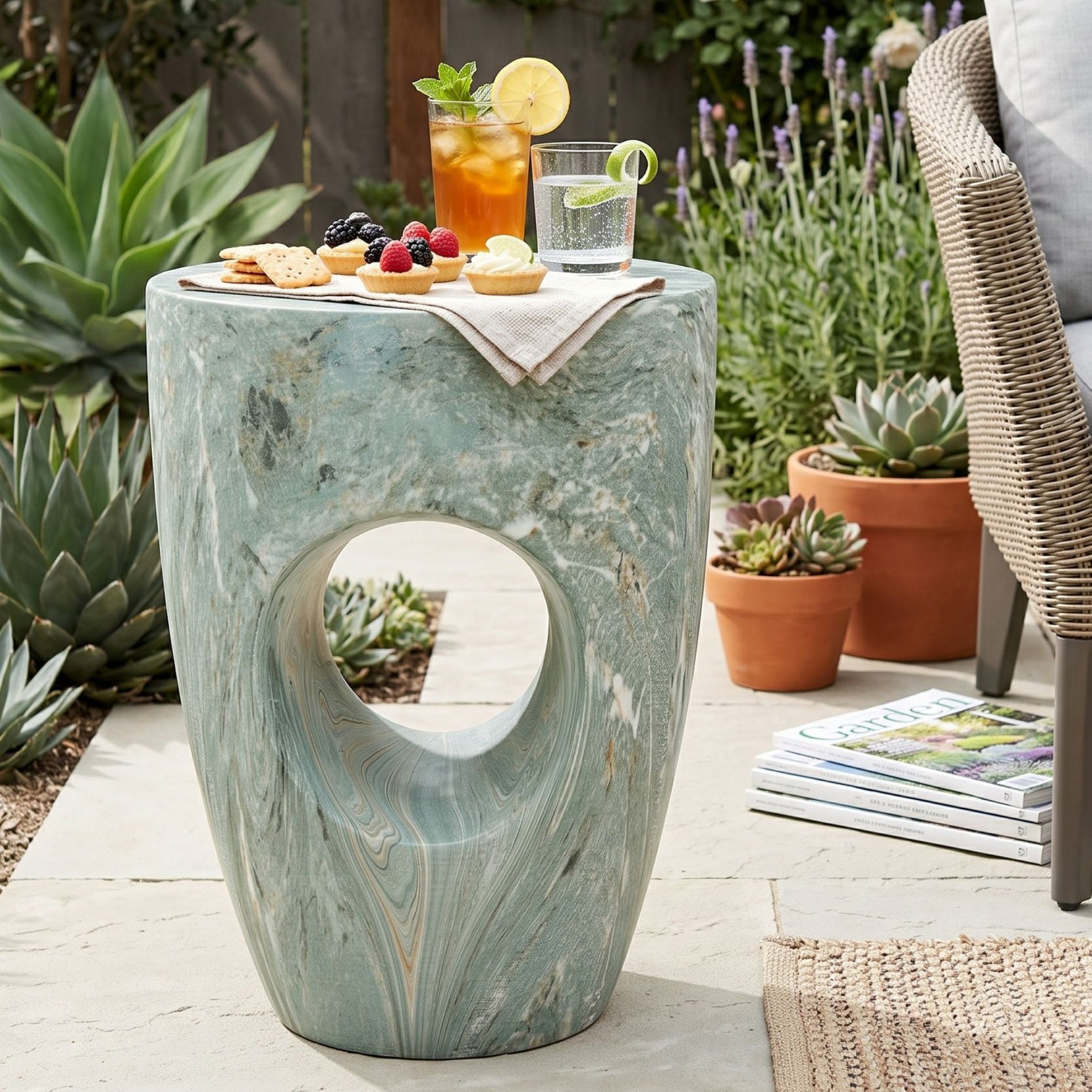 Christopher Knight Home Zain Modern Round Lightweight Concrete Patio Side Table with Cutout Accent, Green Marble