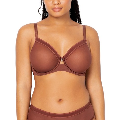 Curvy Couture Women's Solid Sheer Mesh Full Coverage Unlined Underwire Bra  Chocolate 38H