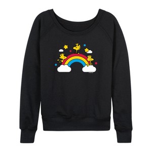Women's - Peanuts - Woodstock Rainbow Lightweight French Terry Wide Neck Long Sleeve Shirt - 1 of 4