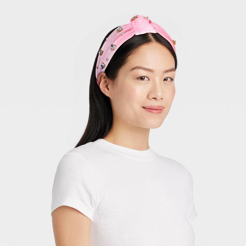 Pearls and Heart Stones Knot Top Velvet Headband - A New Day&#8482; Pink, 3 of 7
