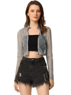INSPIRE CHIC Women's Sheer Stand Collar Zip Up Shiny Cropped Jacket
