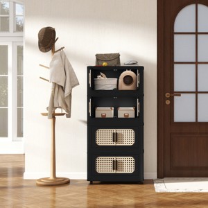 Foldable Storage Cabinet with Rattan-Style Doors, Stackable Plastic Organizer with Brake Casters Black - 1 of 4