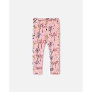 Deux par Deux Girl Printed Organic Cotton Capri Legging Palm Trees, Pink Flamingo, and Turquoise - 1 of 4
