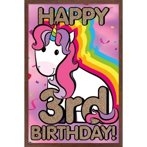 Trends International Ellie Ripberger Unicorn - Happy 3rd Birthday Framed Wall Poster Prints - 1 of 4