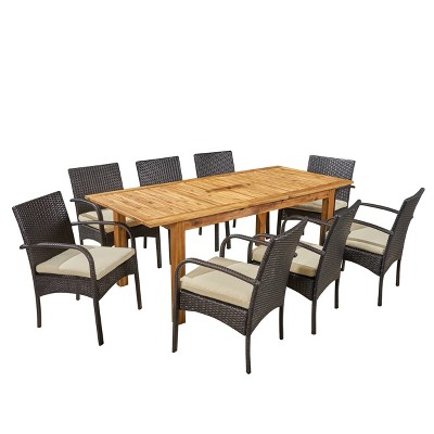 Elmar 9pc Wood & Wicker Expandable Dining Set - Natural/Brown/Cream - Christopher Knight Home