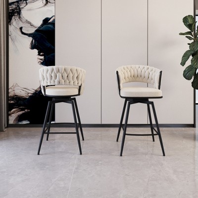 26" Leather Woven Bar Stool Set of 2, Black Legs Barstools, No Adjustable Kitchen Island Chairs, 360¡ã Upholstered Counter Stool, Arm Chairs - White