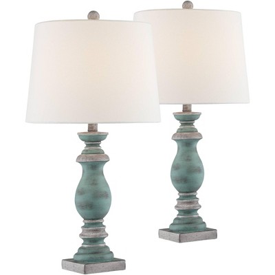 Regency Hill Country Cottage Table Lamps Set of 2 with USB Port and Table Top Dimmers Blue Gray Fabric Drum Shade for Living Room