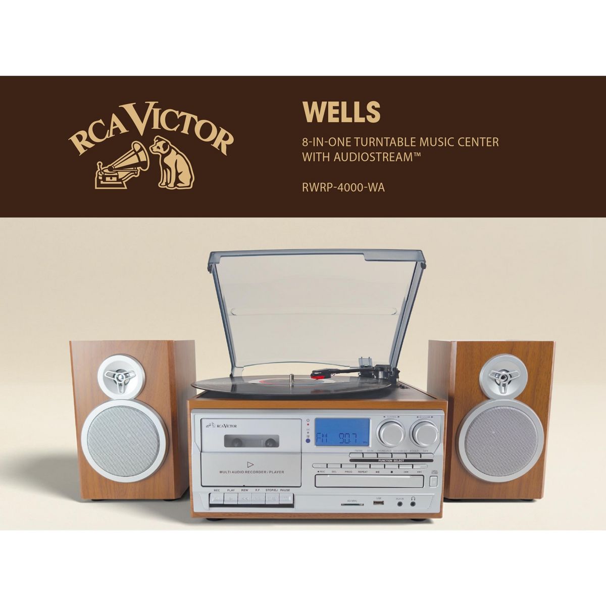 Victor RWRP-4000 Wells 8-in-1 Turntable Music Center with AudioStream, 3-Speed Vinyl Player, CD & Cassette Recorder, Bluetooth 5.0 In/Out, USB/SD