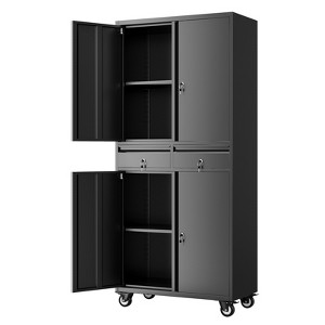 Metal Storage Cabinet with Lock, 71” Tall Garage Storage Cabinet with 4 Wheels and 2 Drawers for Home Office, Black - 1 of 4