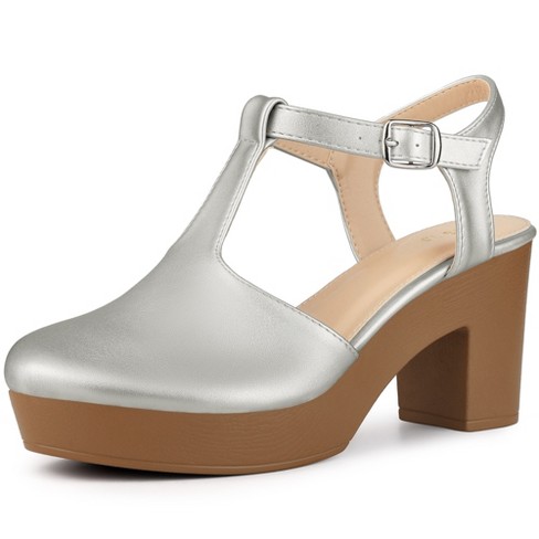 Blissful Step Women s Closed Toe Platform T strap Clog Chunky Heels Ankle Mules Silver 10 Target