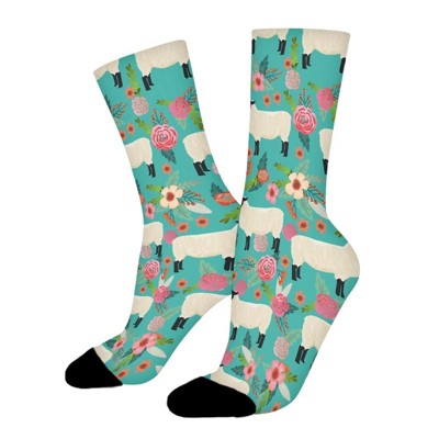 Sheep Farm Florals Women Printed Crew Socks Funny Funky Socks Soft Polyester Novelty Gifts for Artists Men