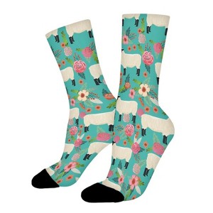 Sheep Farm Florals Women Printed Crew Socks Funny Funky Socks Soft Polyester Novelty Gifts for Artists Men - 1 of 1